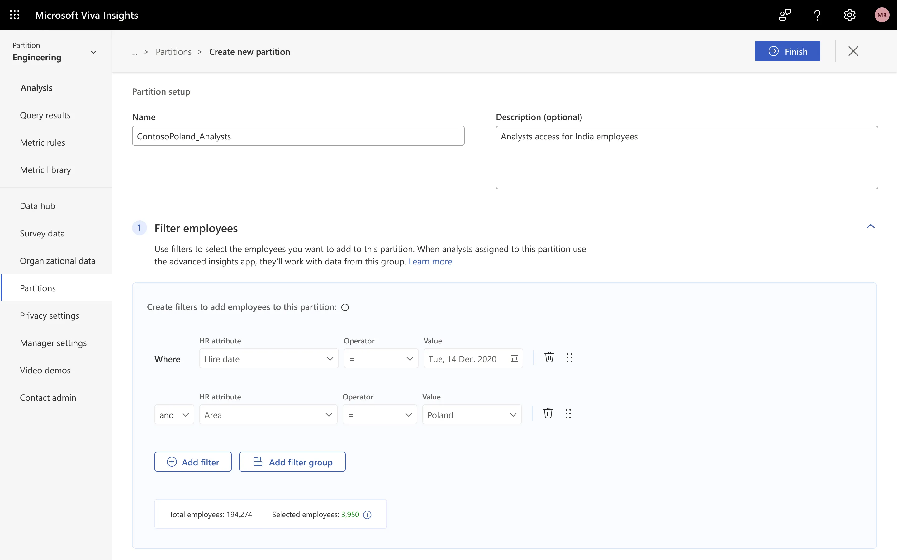 Employee filters section in the Partition creation Wizard.