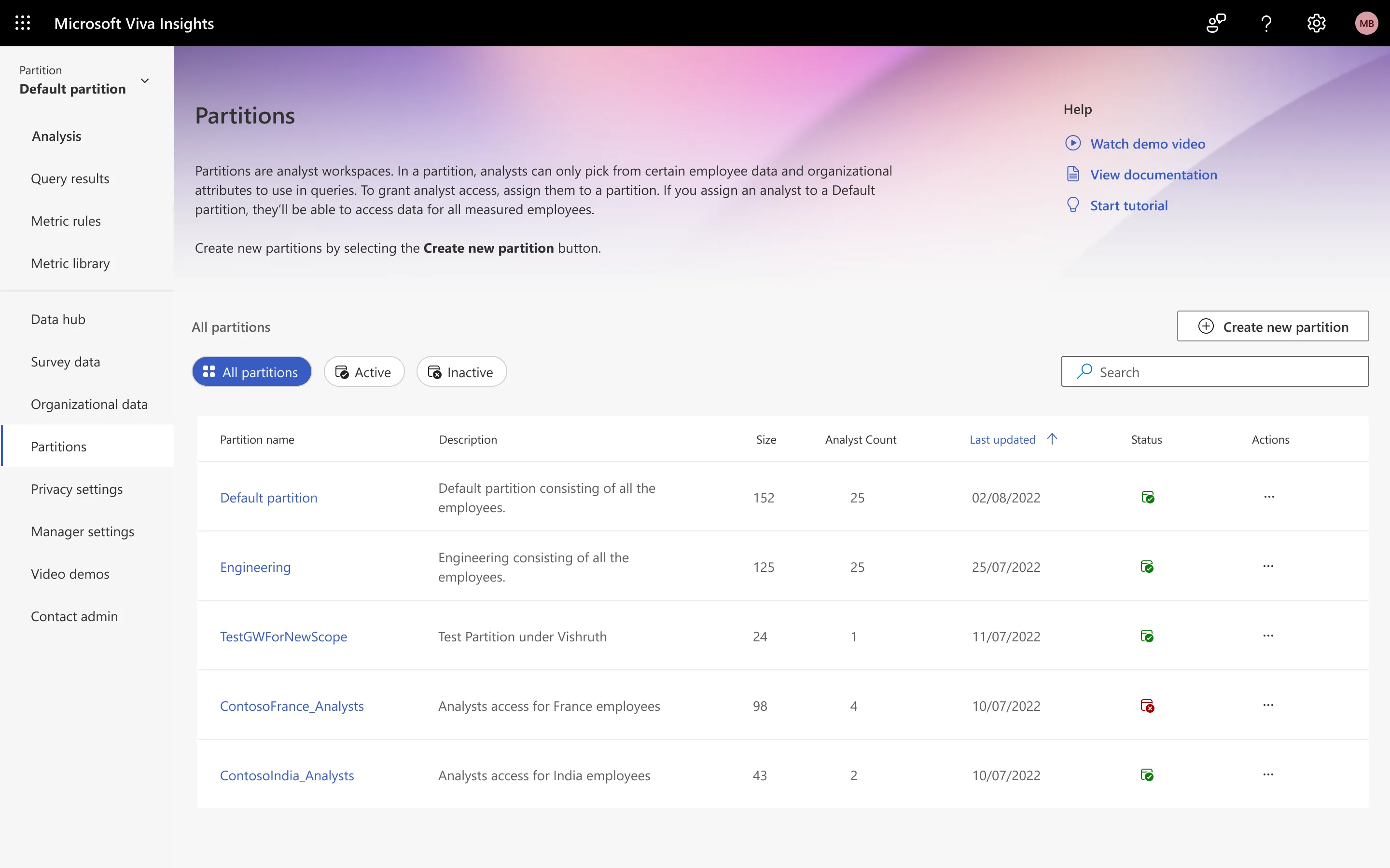 Homepage screen for Viva Insights.